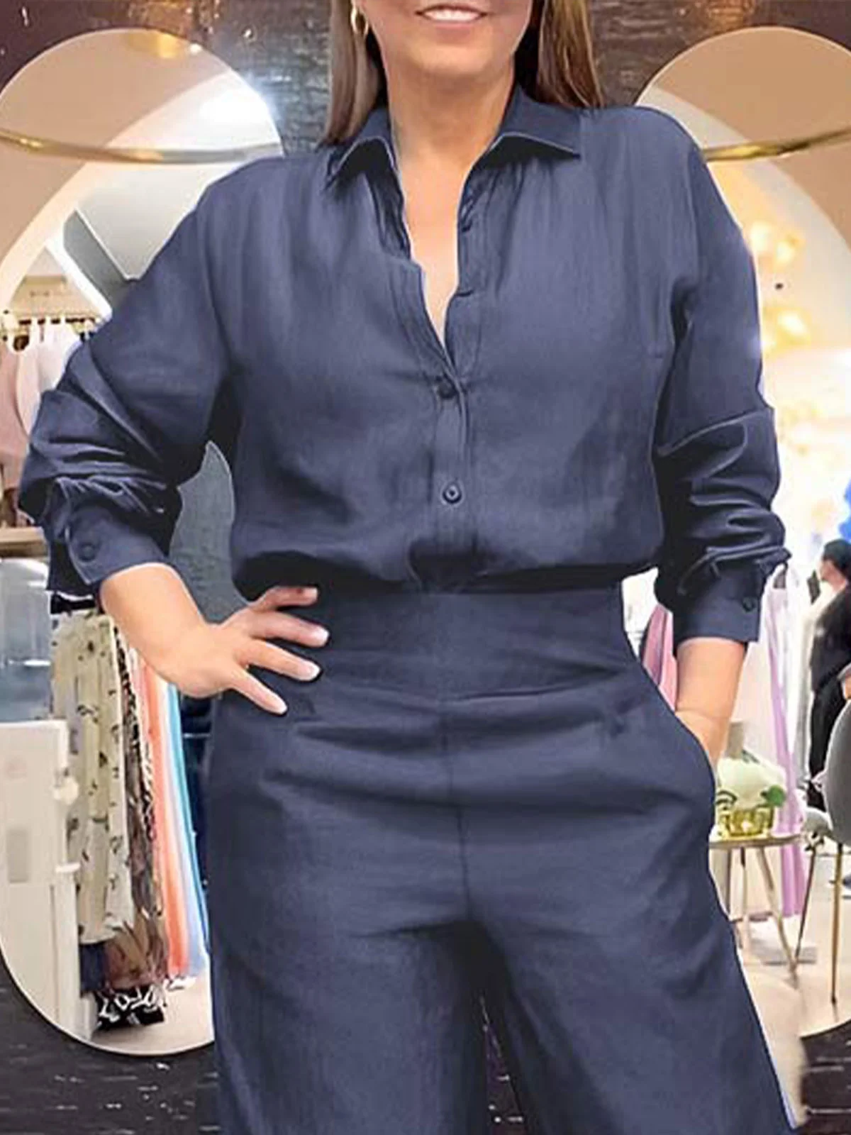 Plain Urban Shirt Collar Faux Denim Blouse