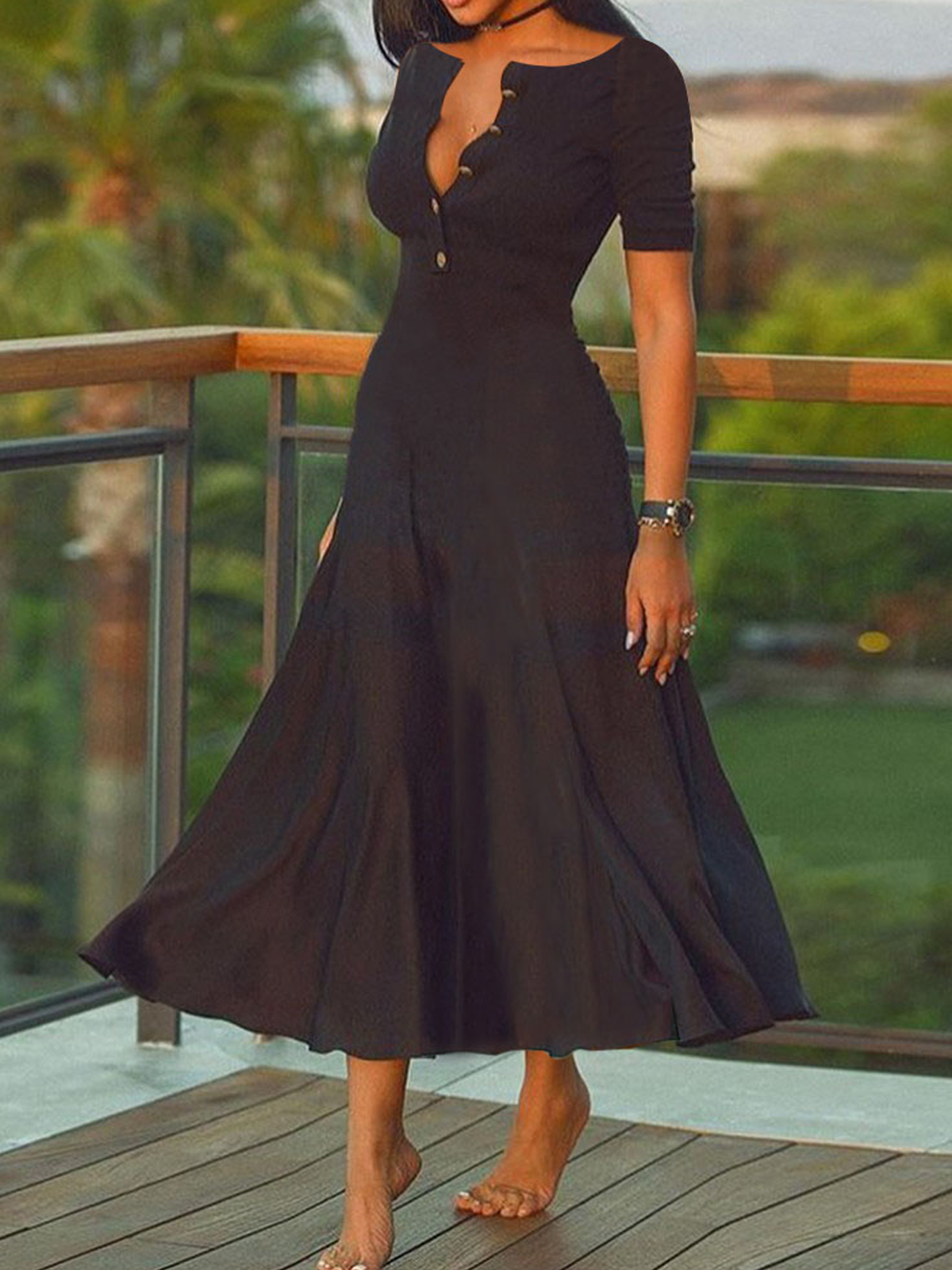 High Elasticity Crew Neck Short sleeve Elegant Midi Dress