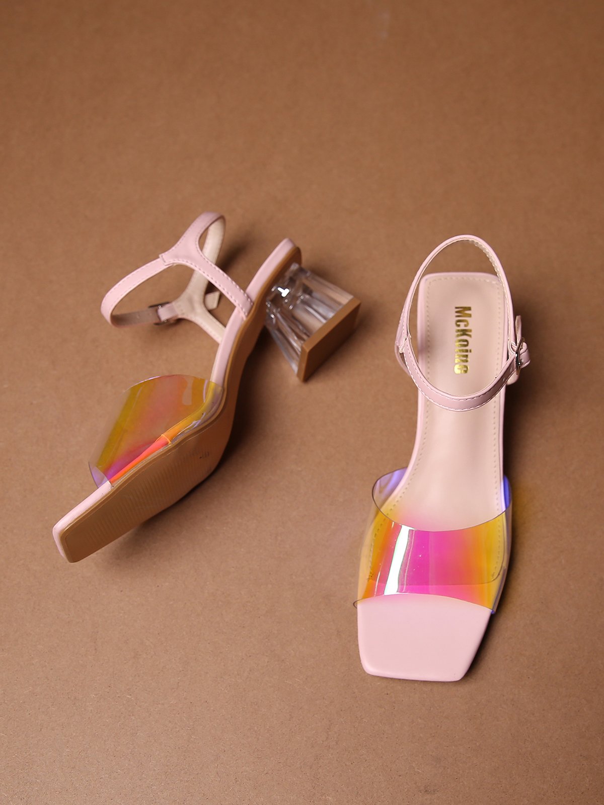 Colorful PVC Square Toe Transparent Crystal Block Heel Sandals