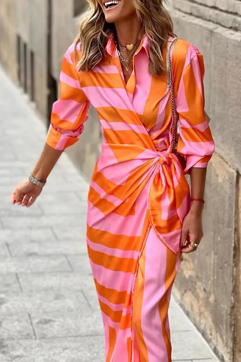 Shirt Collar Loose Striped Urban Dress With No Belt stylewe