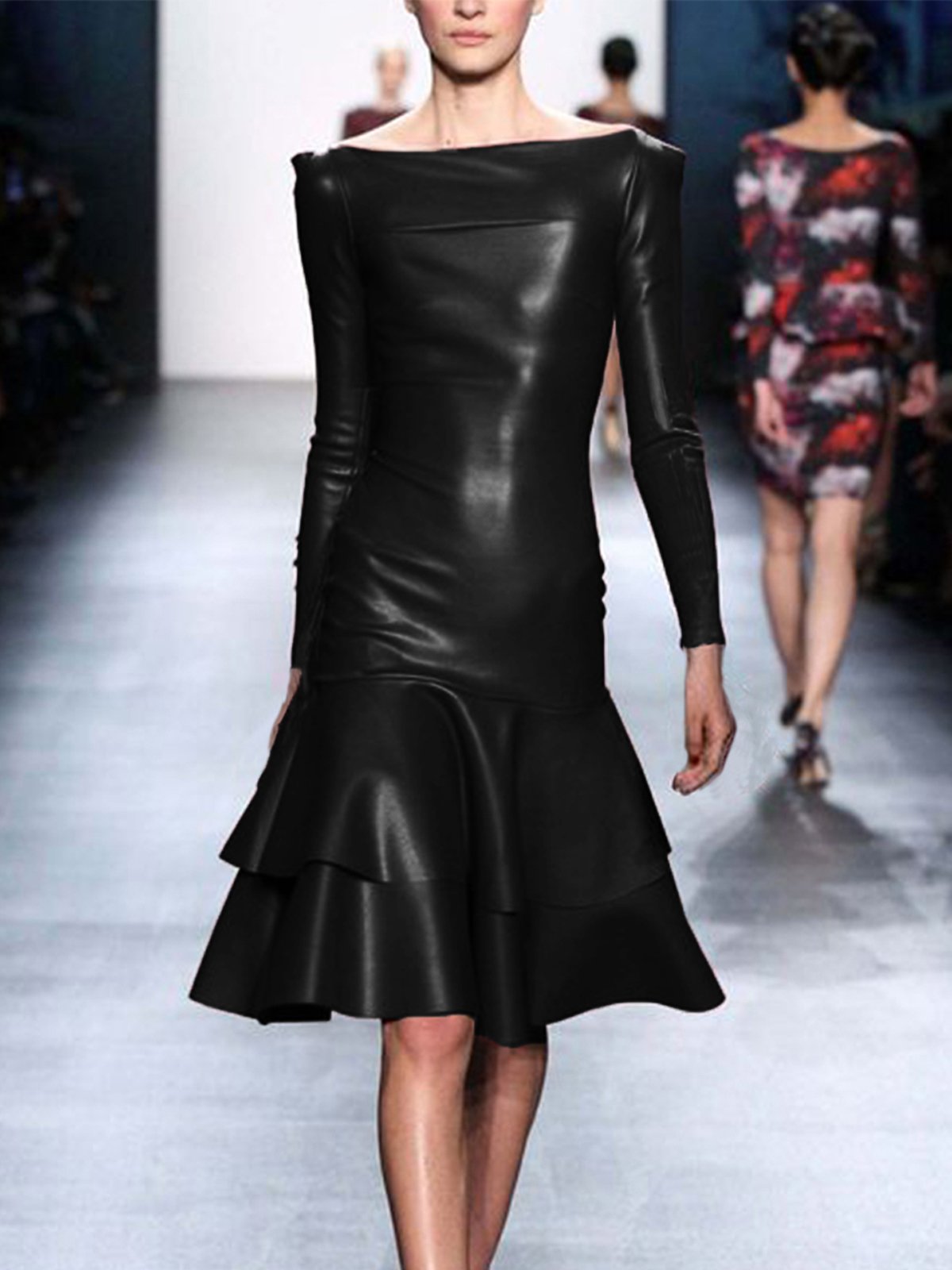 Plain Regular Fit Elegant Faux Leather Mini Dress With No Belt