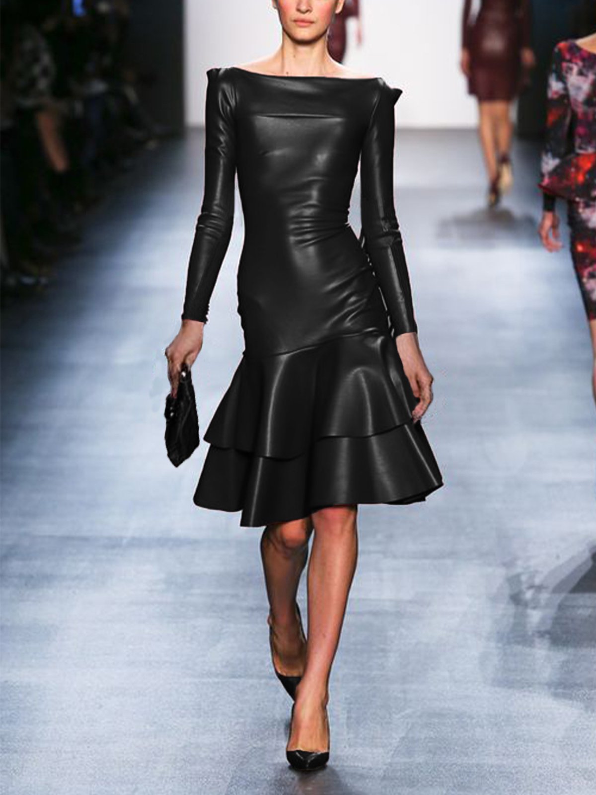 Plain Regular Fit Elegant Faux Leather Mini Dress With No Belt