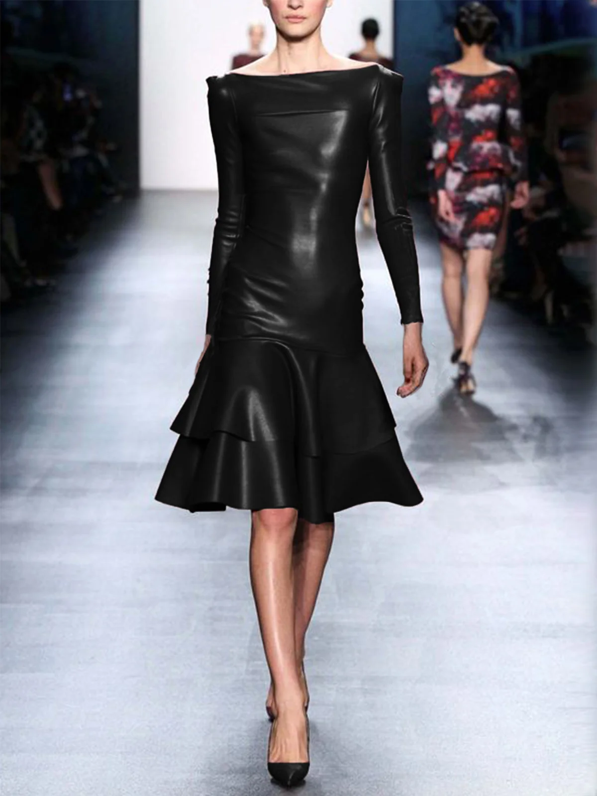 Plain Regular Fit Elegant Faux Leather Mini Dress With No Belt