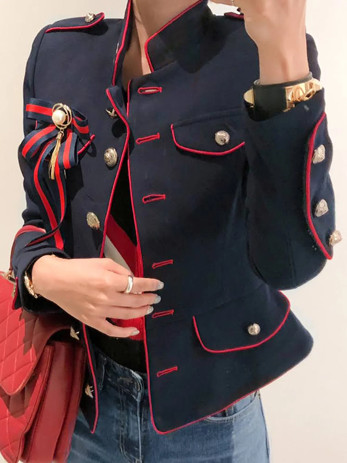 Stand Collar Color Block Long Sleeve Regular Fit Elegant Jacket  Brooch not included