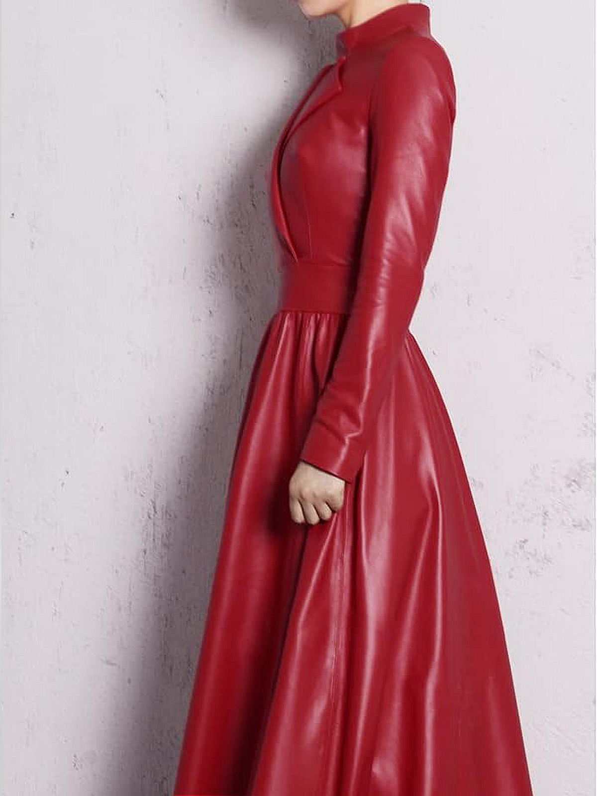 PU Regular Fit Plain Elegant Stand Collar Long Sleeve Faux Leather Maxi Dress