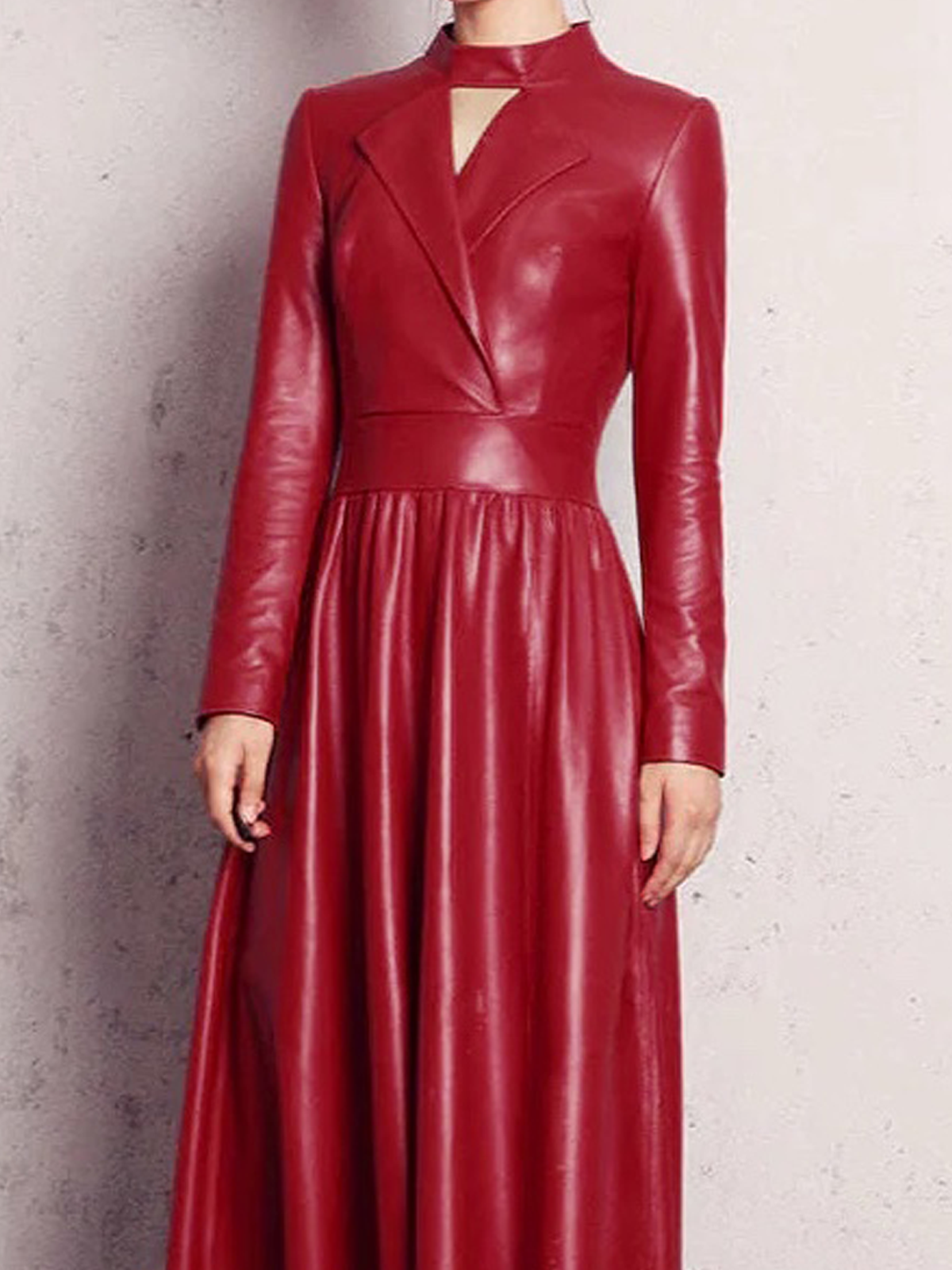 PU Regular Fit Plain Elegant Stand Collar Long Sleeve Faux Leather Maxi Dress