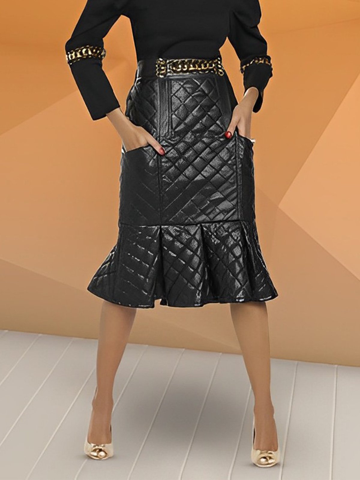 Urban Plain Regular Fit Faux Leather Midi Skirt