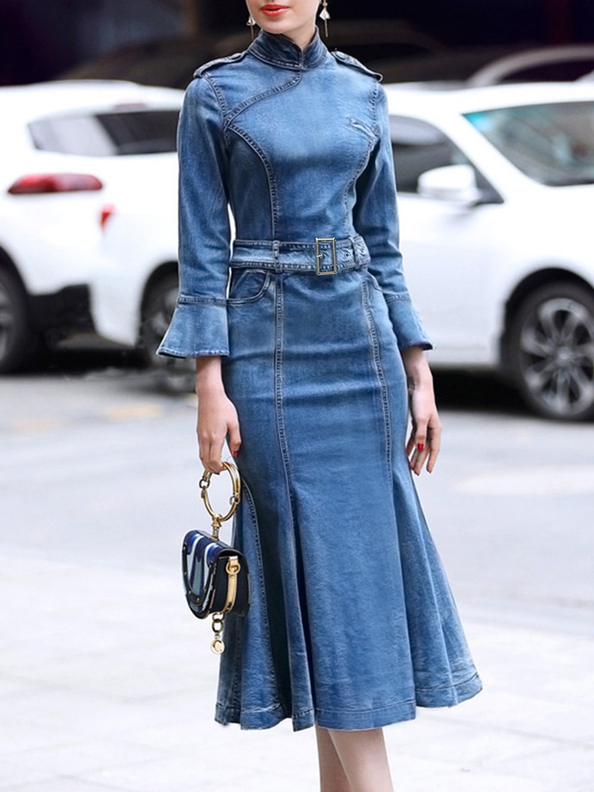 Stand Collar Elegant Plain Denim Dress stylewe