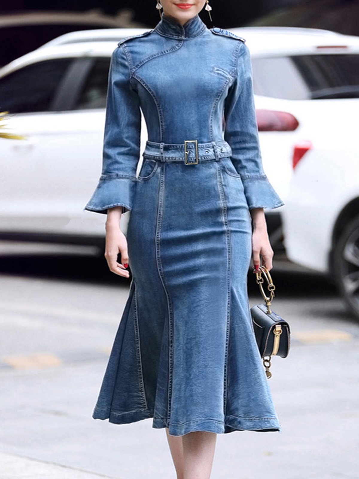 Stand Collar Elegant Plain Denim Dress stylewe