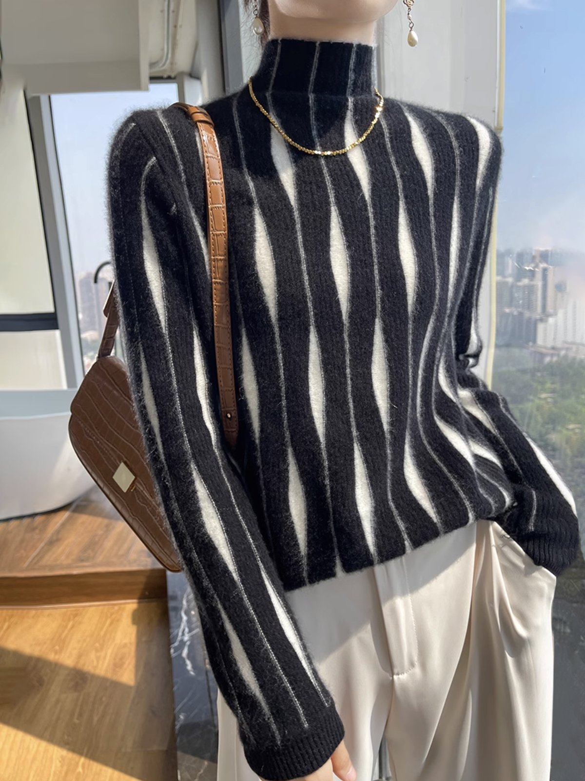 Regular Fit Striped Urban Turtleneck Sweater | stylewe