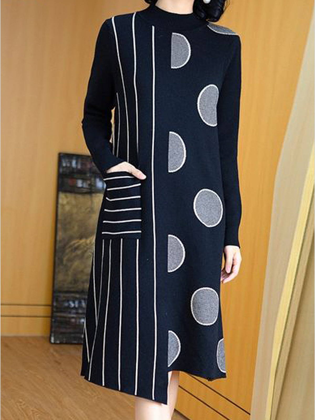 High Elasticity Loose Urban Stand Collar Long Sleeve Sweater Midi Dress