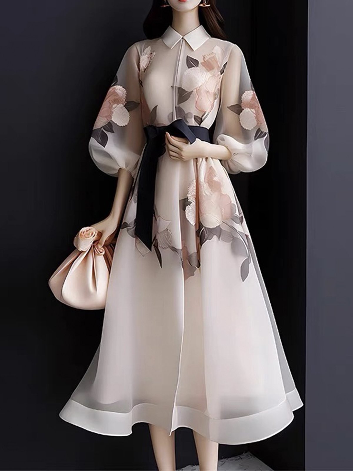 Elegant Regular Fit Floral Midi Dress With Belt