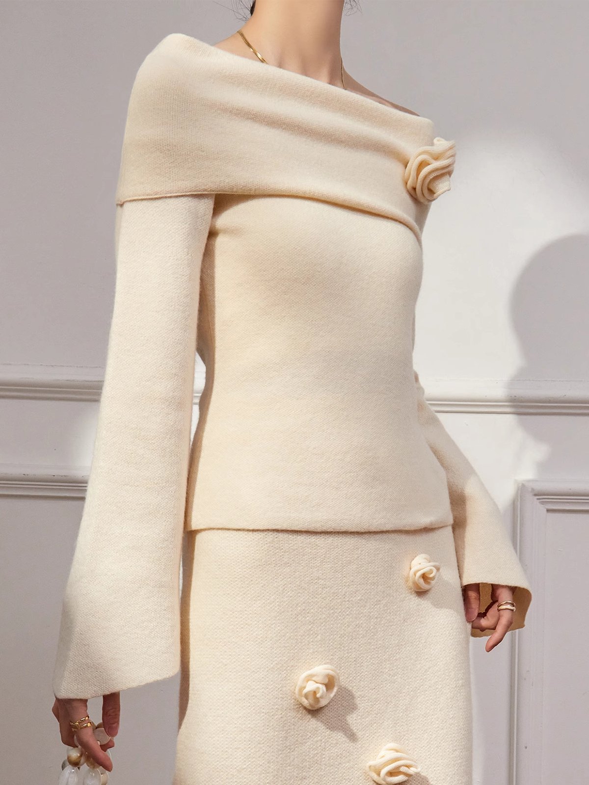 Cold Shoulder Elegant Plain Long Sleeve Sweater
