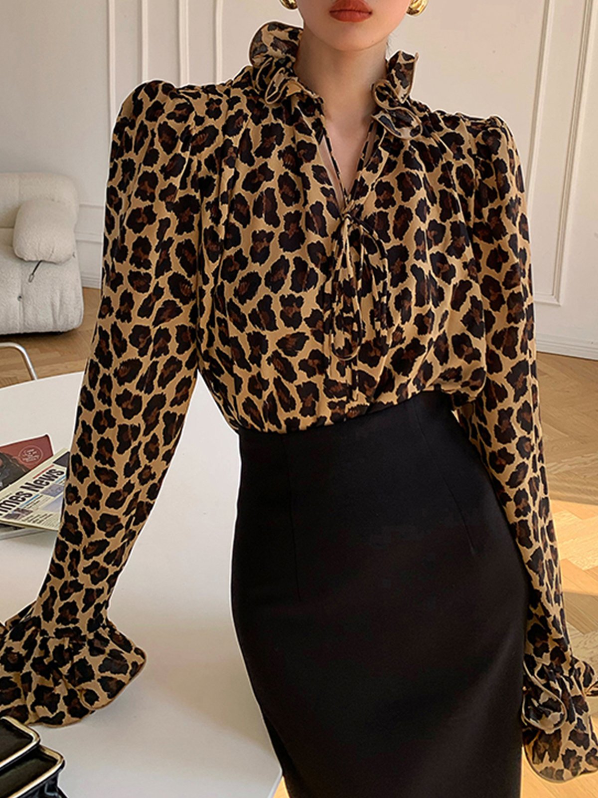 Elegant  Leopard Regular Fit Flouncing Blouse