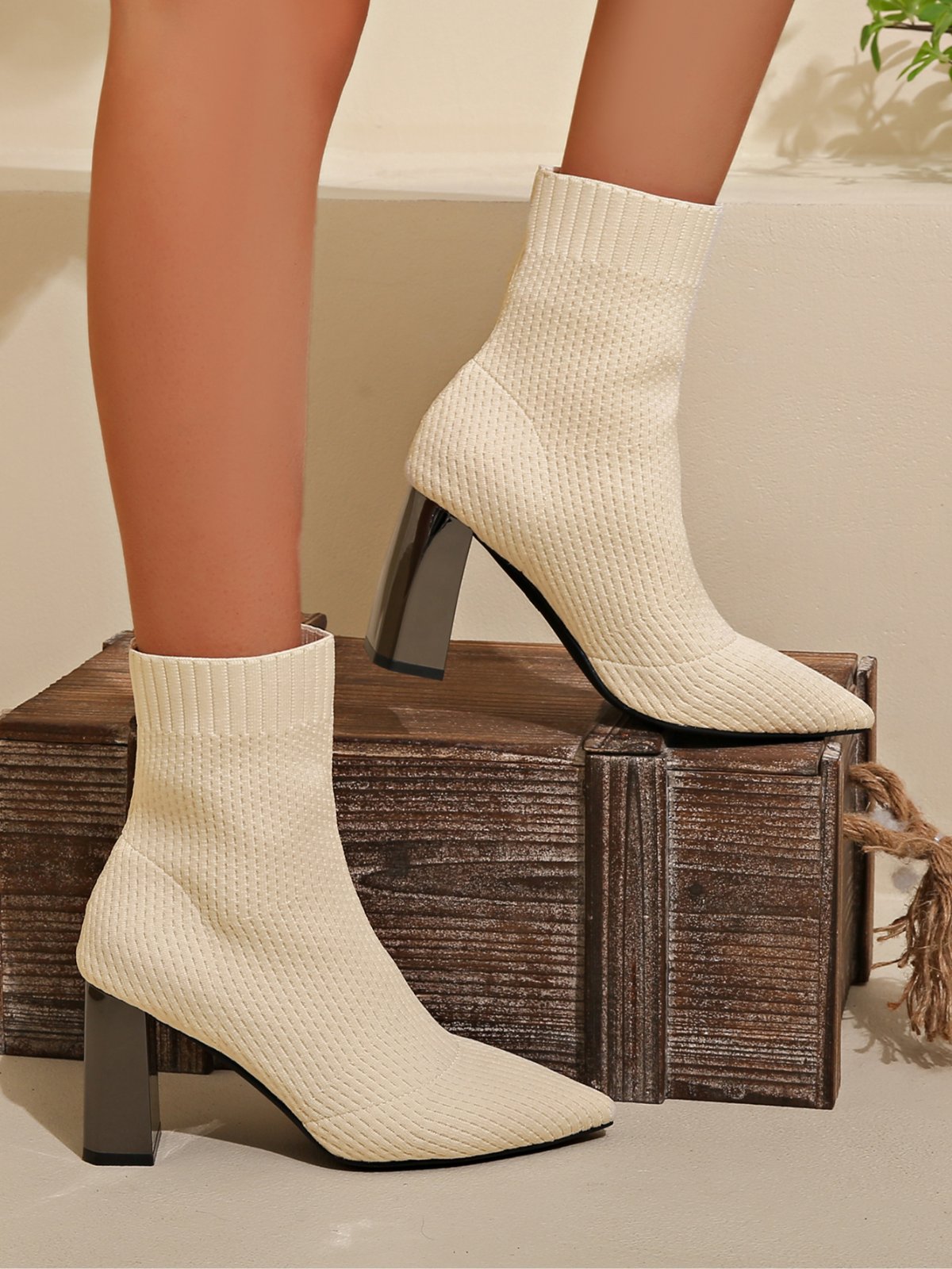 Women Minimalist High-Elastic Mesh Fabric Chunky Heel Sock Boots