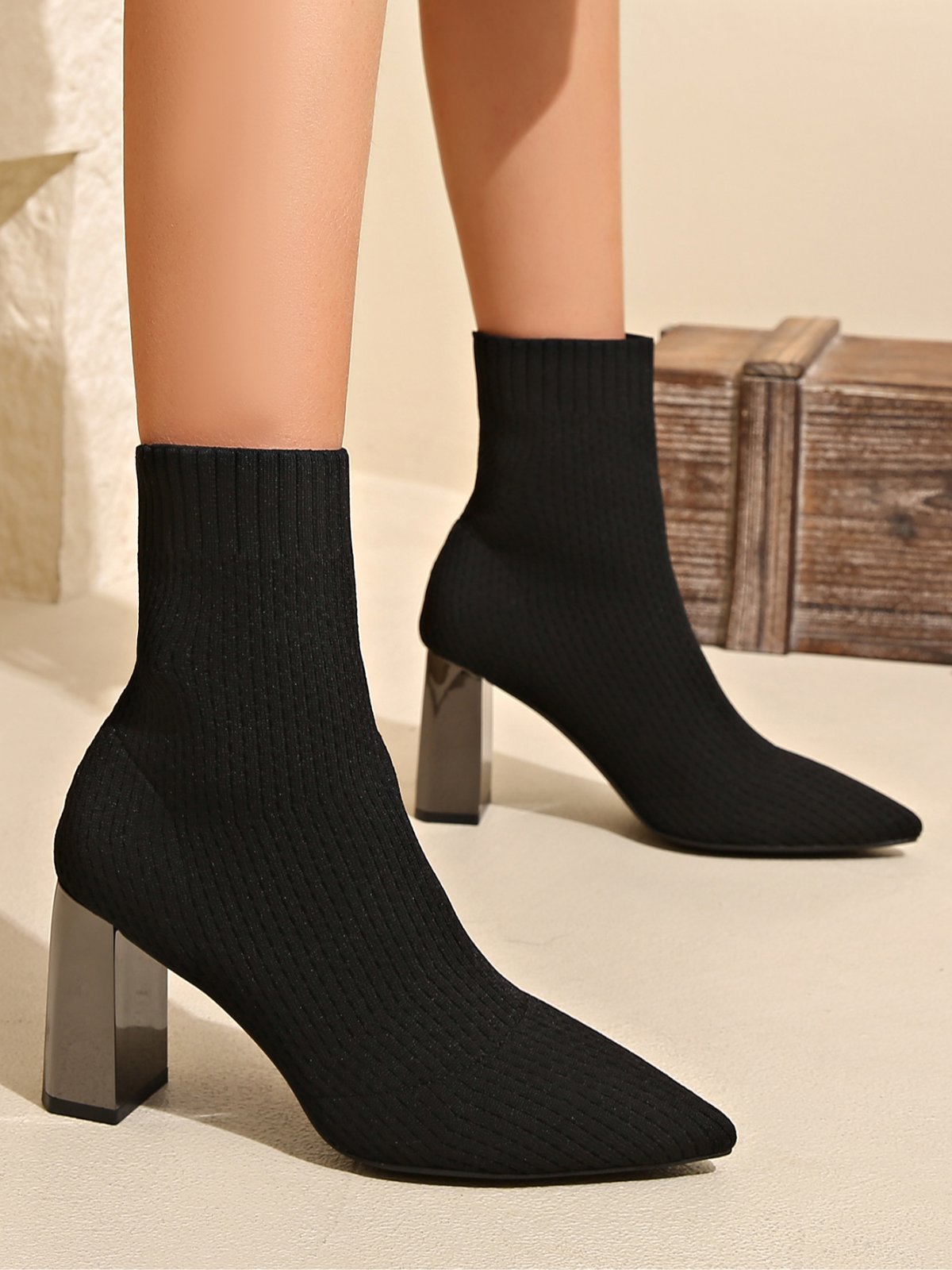 Women Minimalist High-Elastic Mesh Fabric Chunky Heel Sock Boots