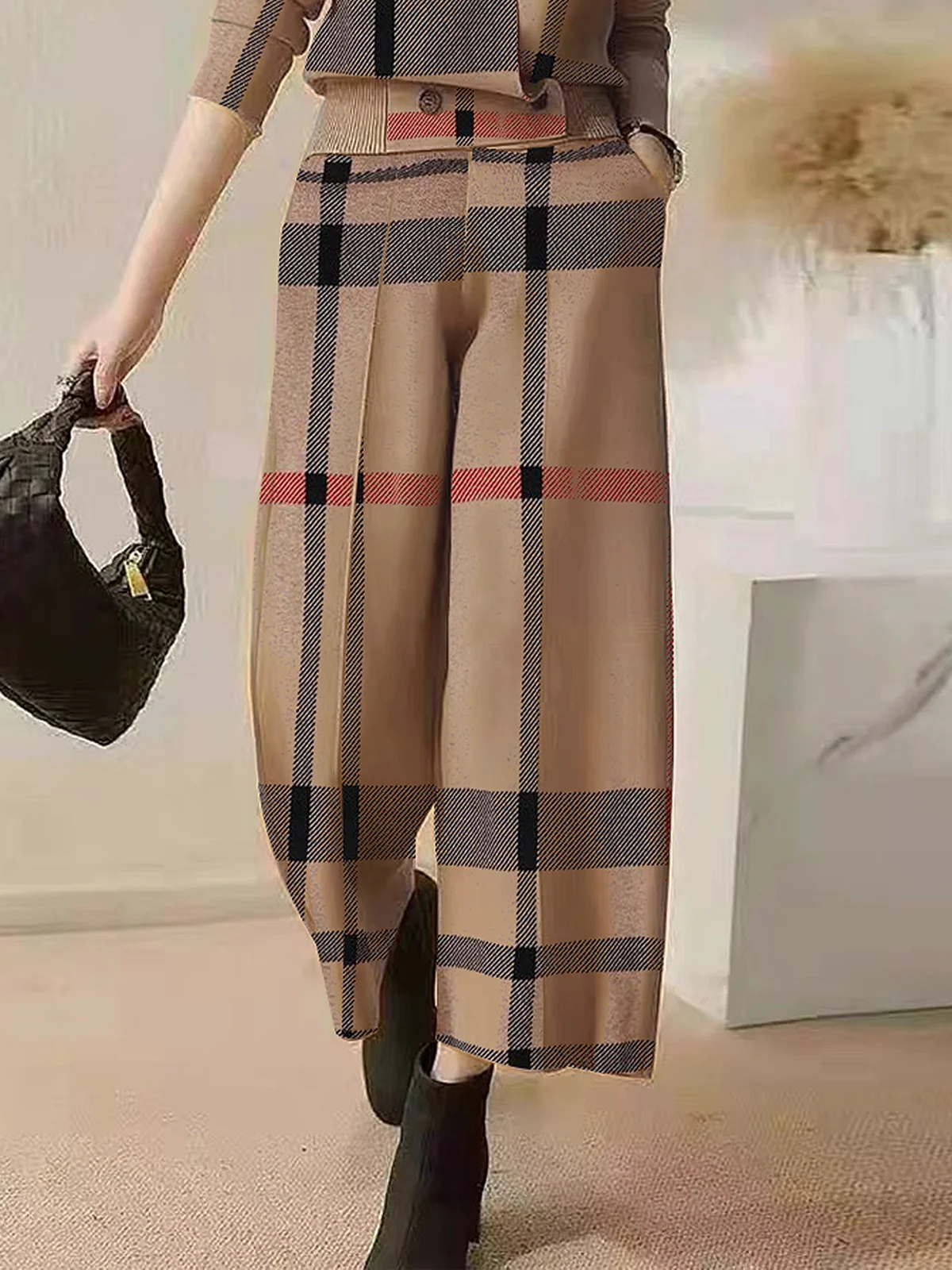 High Elasticity Urban Loose Plaid Pants Ankle Pants