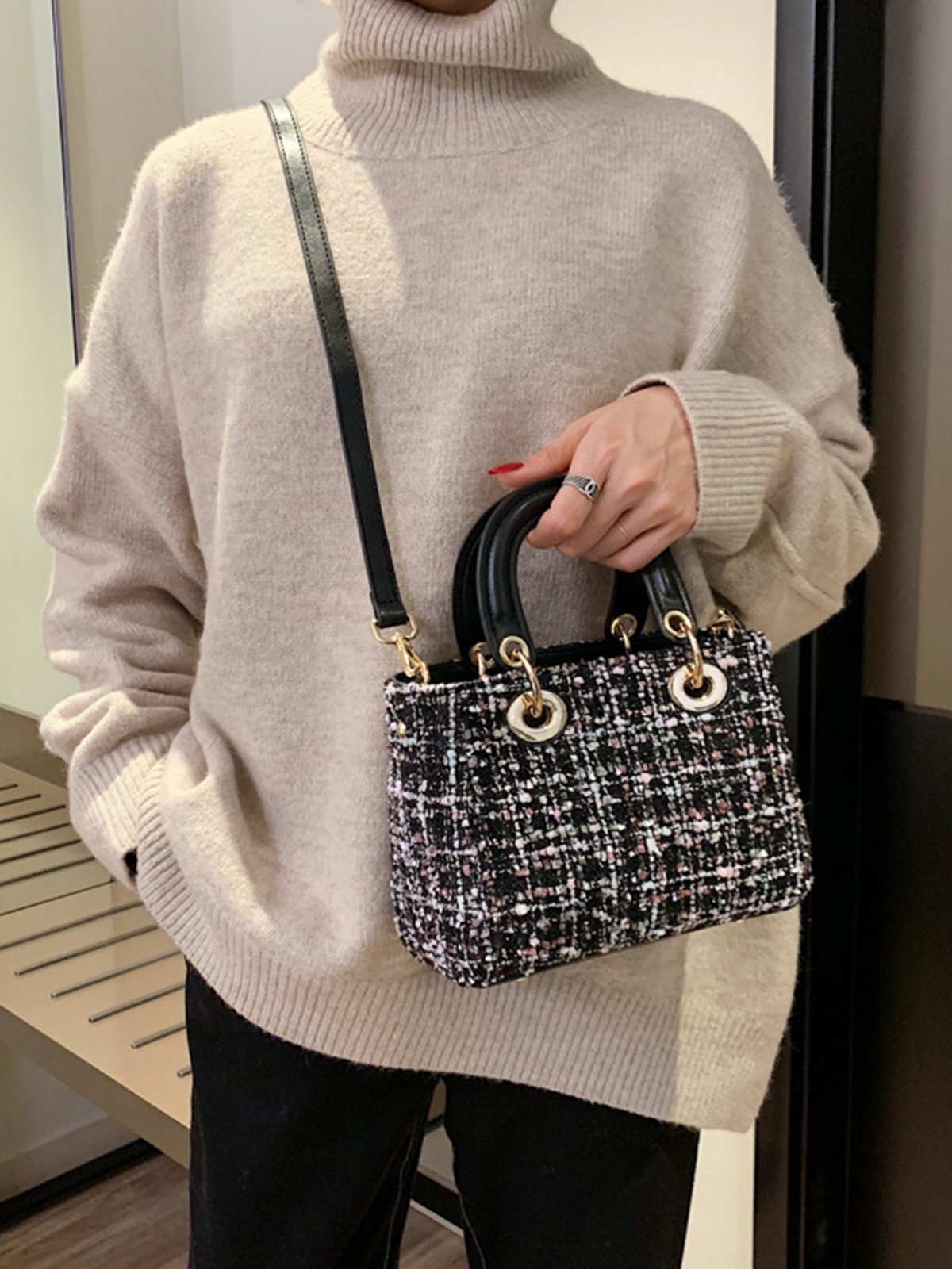 Elegant Tweed Plaid Handbag Women Crossbody Bag