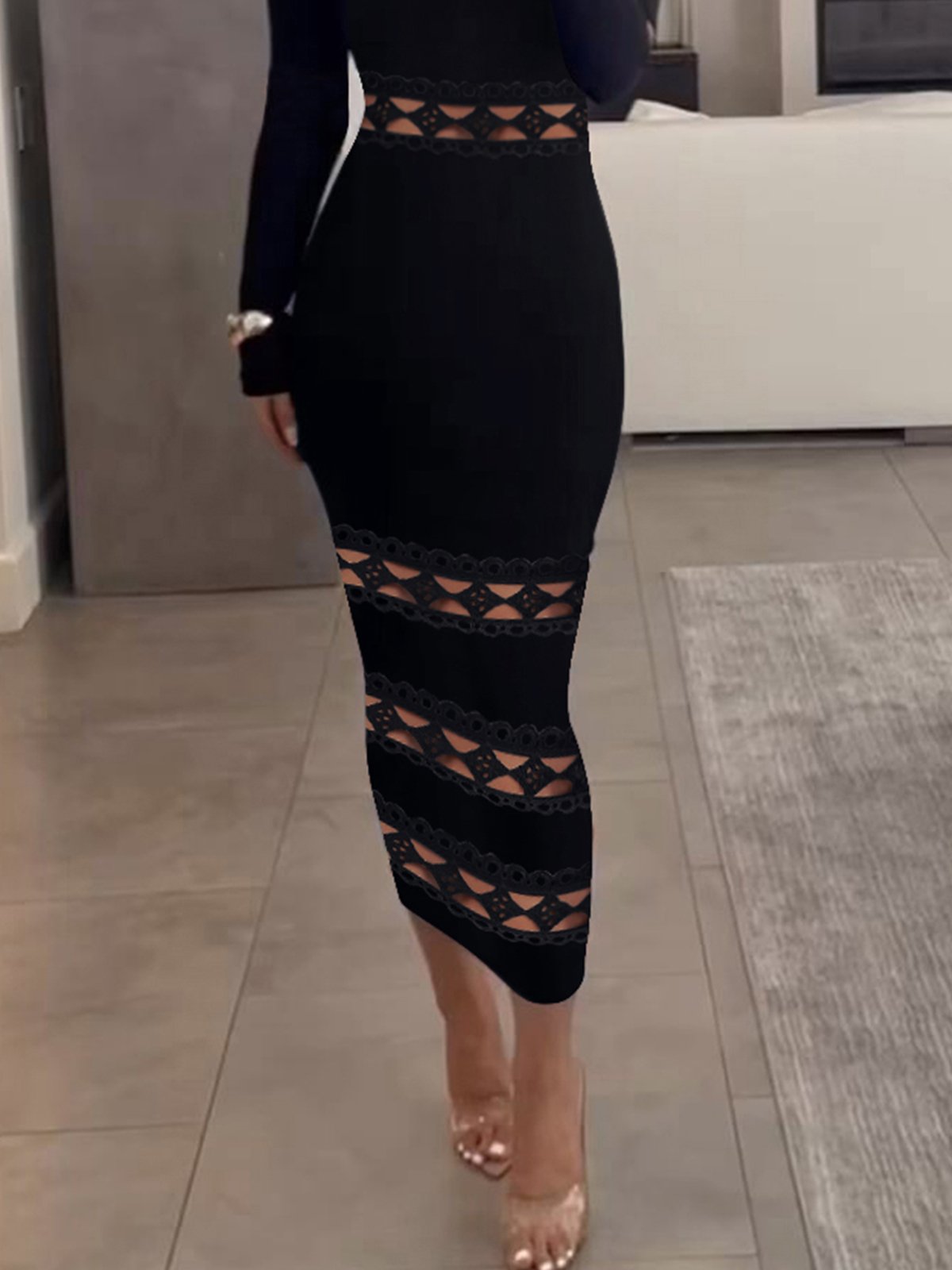 Elegant Plain Regular Fit Long Sleeve Lace Edge Dress