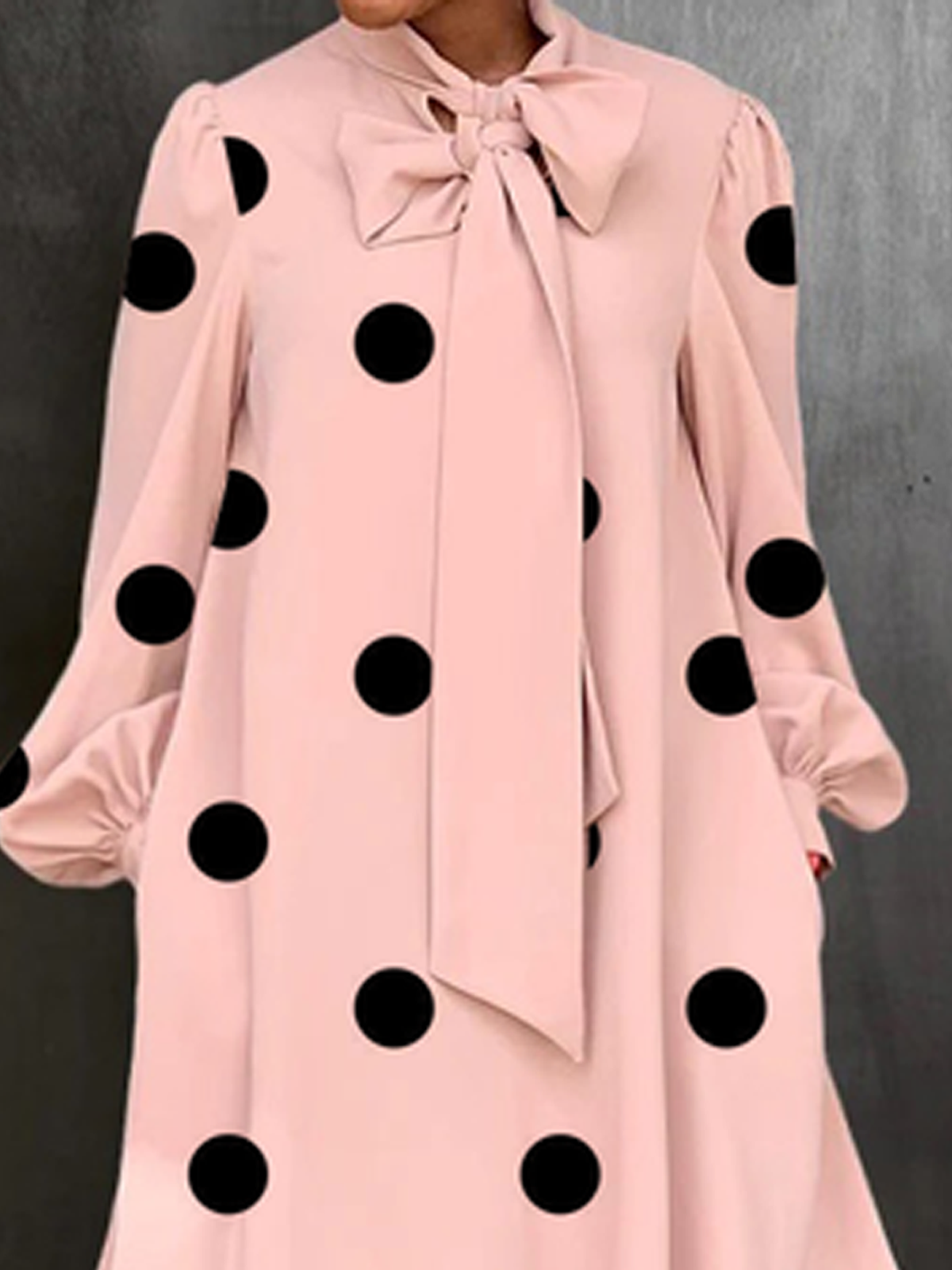 Polka Dots Elegant Loose Long Sleeve Stand Collar Midi Dress