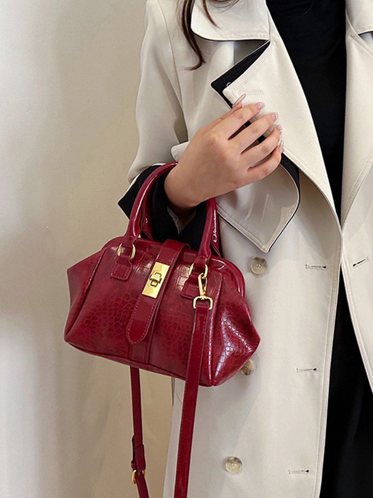 Stone Embossed Handbag with Crossbody Strap stylewe