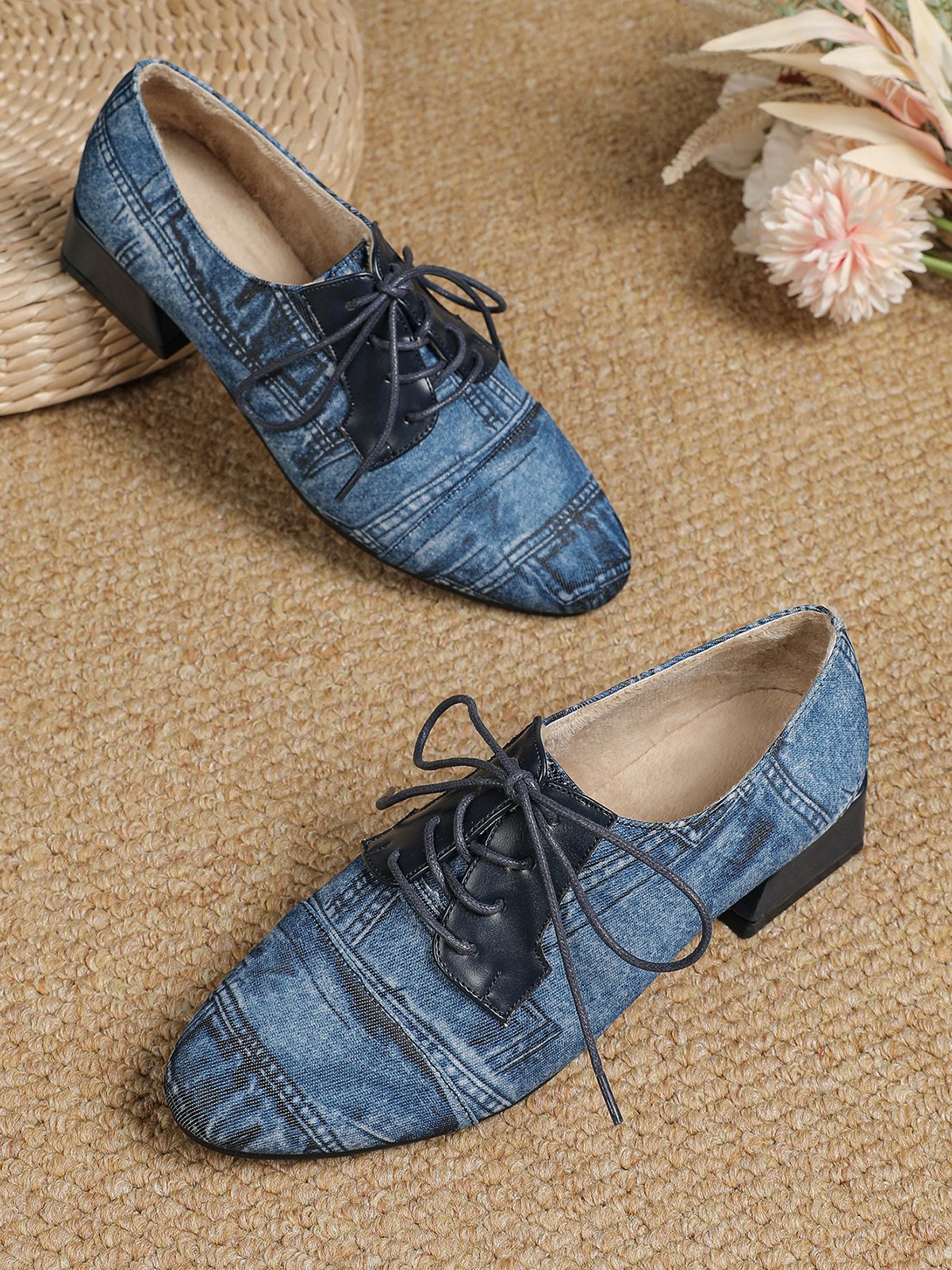 Vintage Denim Paneled Warm Lined Lace Up Shoes