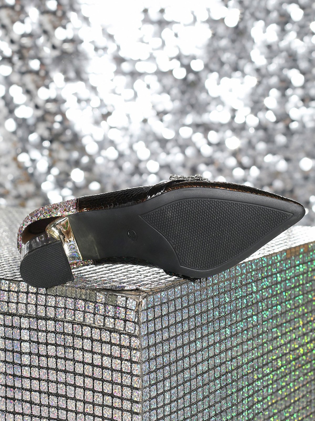 Fashionable Rhinestone Buckle Embossed Glitter Chunky Heel Pumps