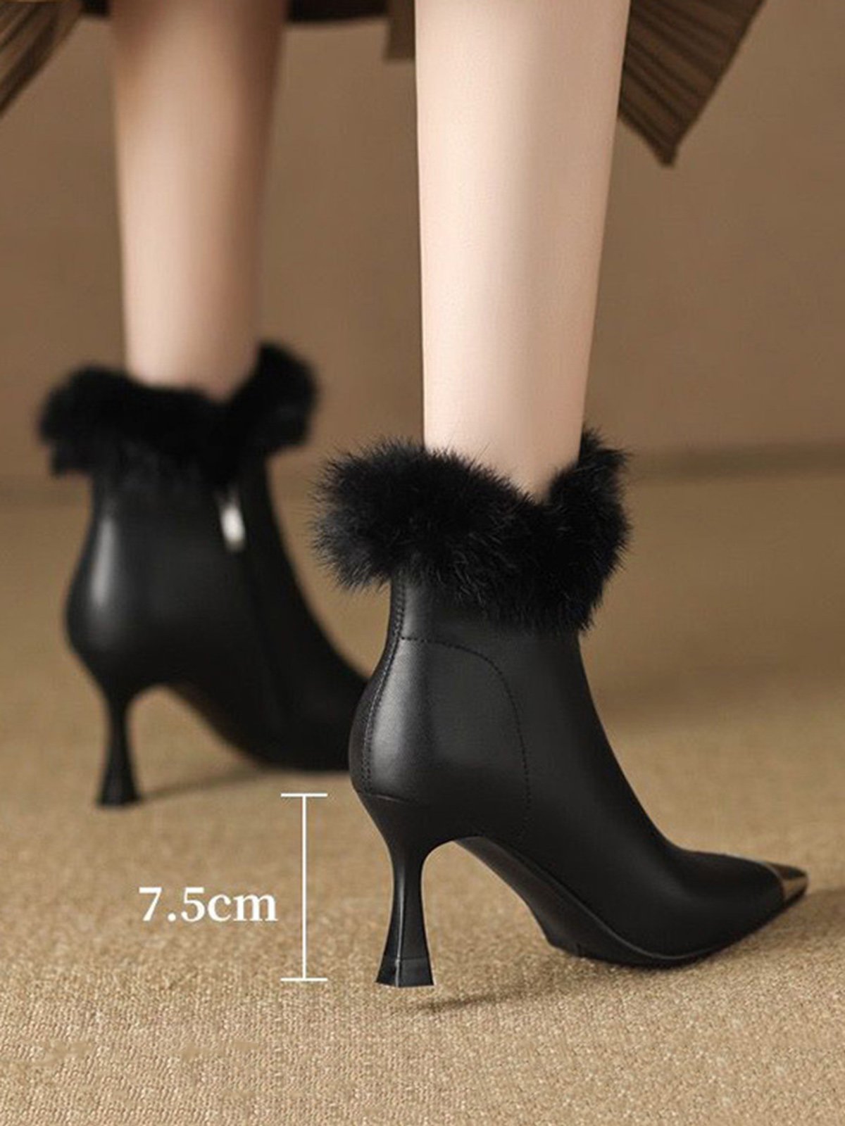 Metal Decor Furry Stiletto Heel Fashion Boots