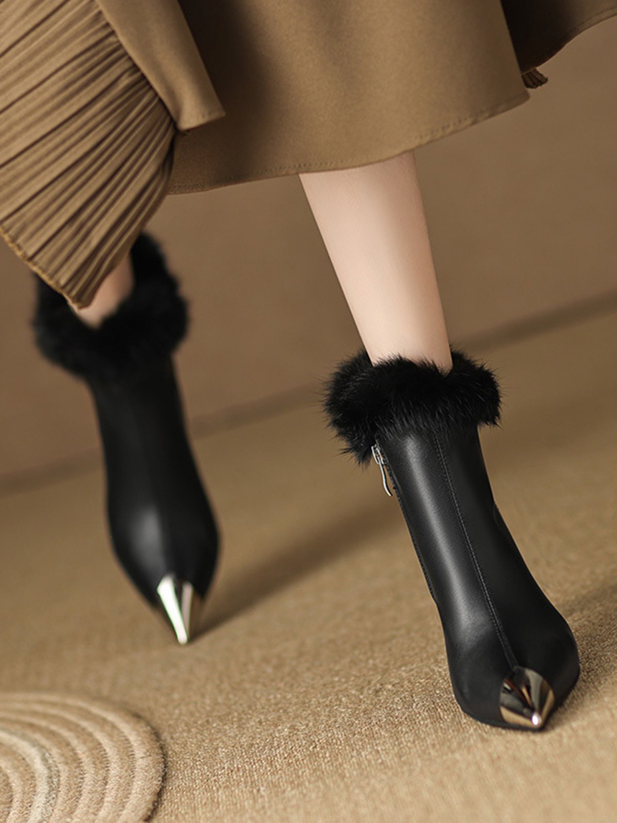 Metal Decor Furry Stiletto Heel Fashion Boots