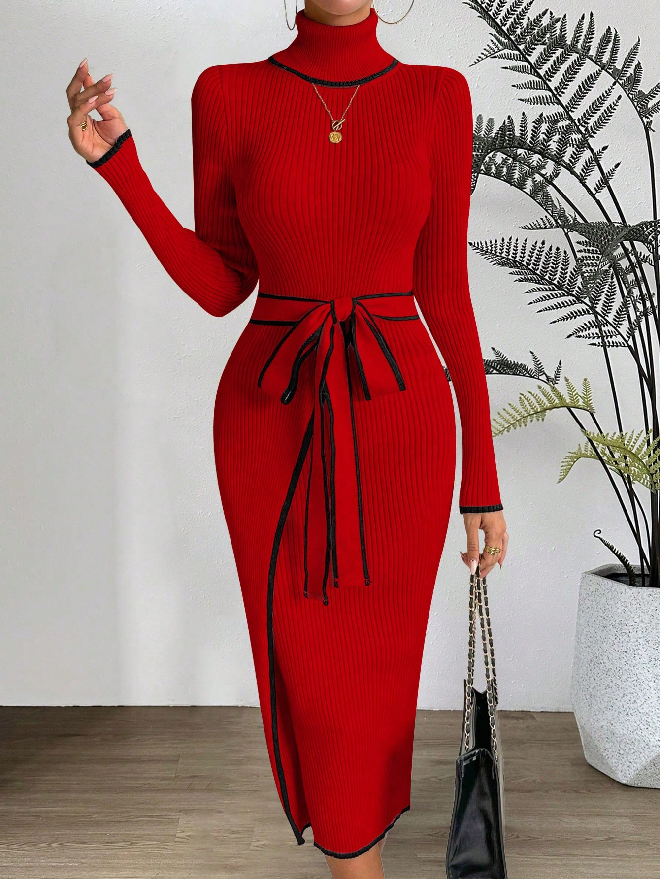Color Block Tight Elegant Long Sleeve Sweater Midi Dress With Belt