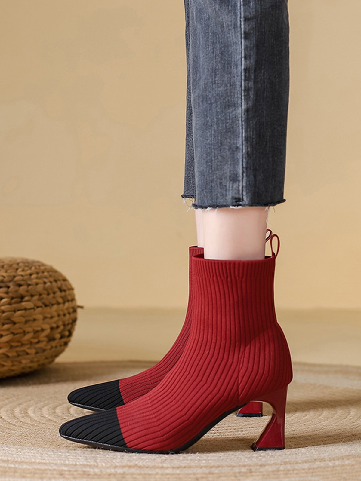 Color-block Breathable Mesh Fabric Spool Heel Sock Boots