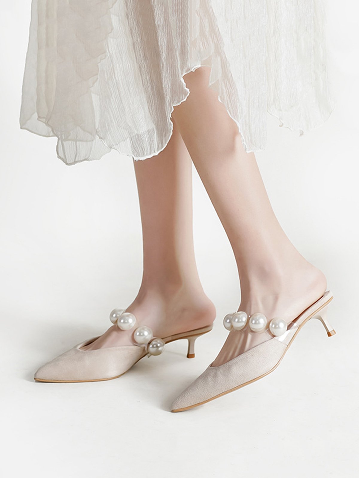 Elegant Imitation Pearl PVC Band Pointed Toe Low Heel Mules