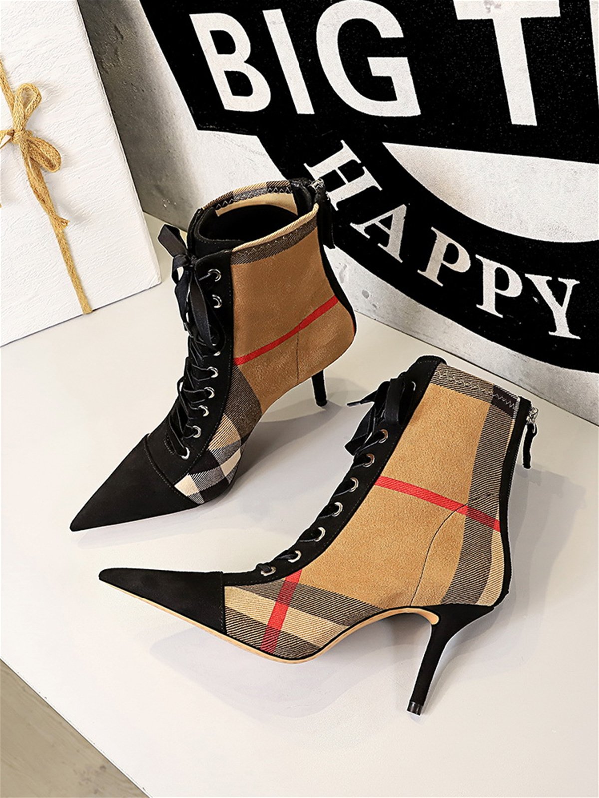 Color-block Fashion Lace-Up Stiletto Heel Boots with Back Zip