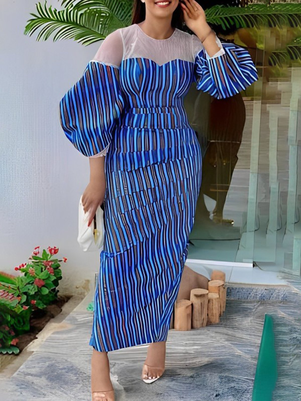 Striped Elegant Puff Sleeve Crew Neck Dress stylewe