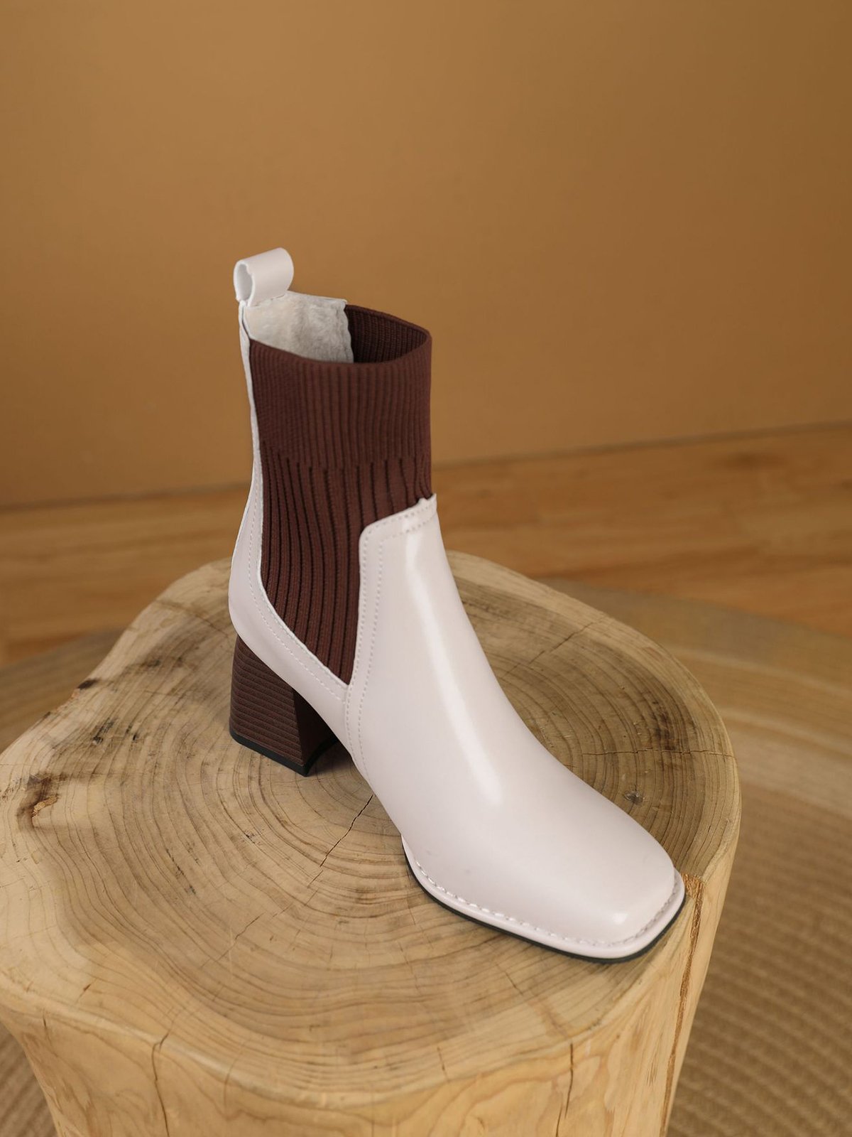 Color-block Knitted Paneled Square Toe Block Heel Slip On Chelsea Boots