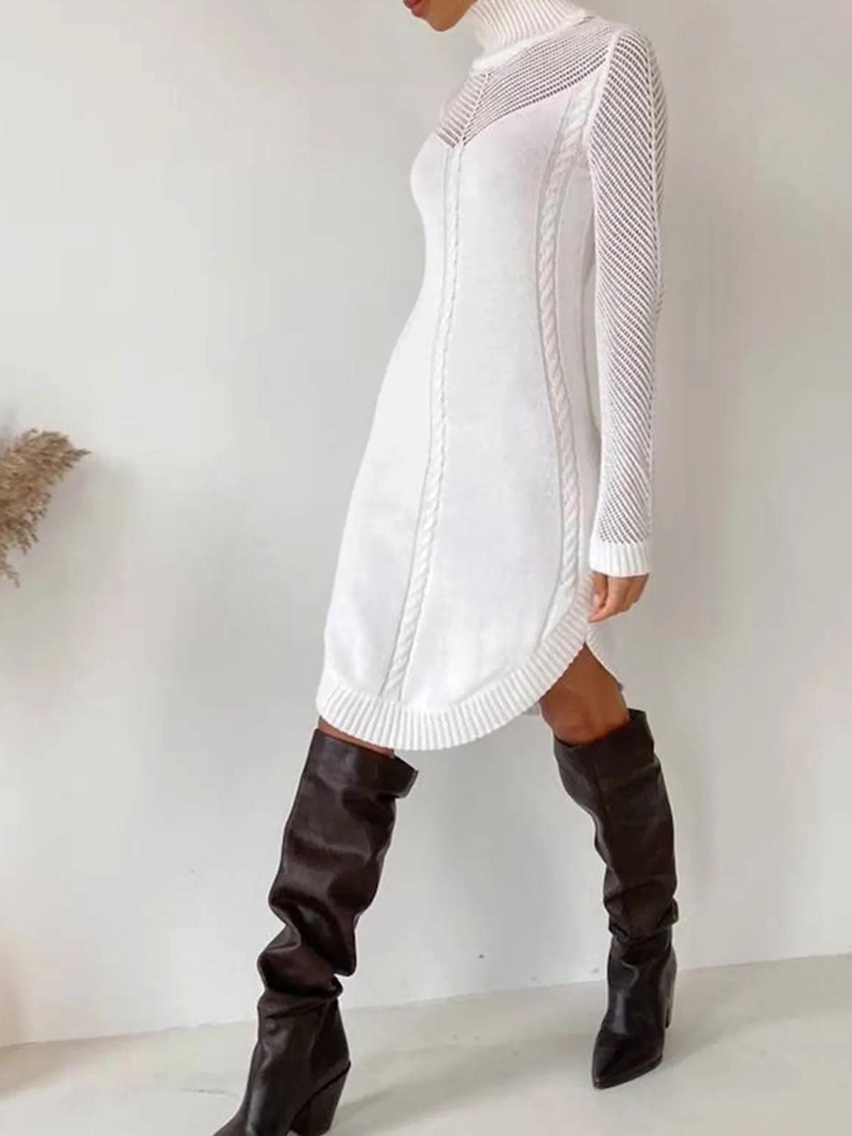 High Elasticity Turtleneck Regular Fit Long Sleeve Elegant Plain Sweater Short Dress