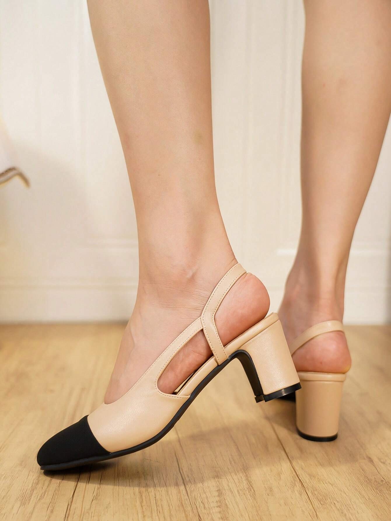 Women Minimalist Color Block Chunky Heel Slingback Pumps