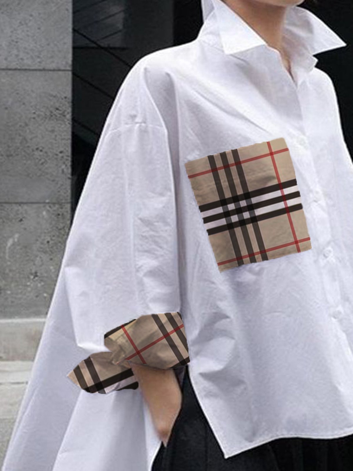 Casual  Daily Shirt Collar Loose Split Joint Plaid Blouse