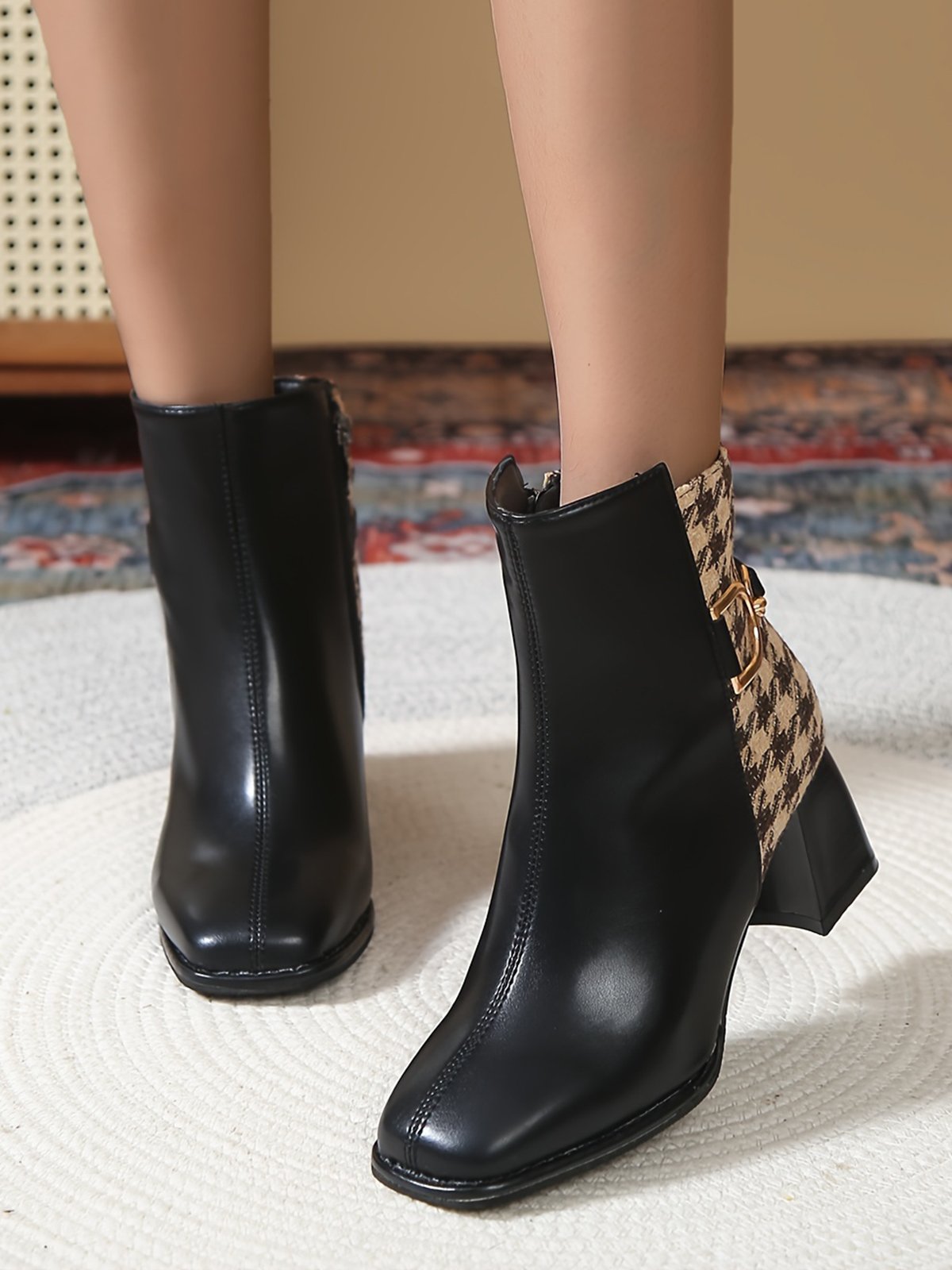 Houndstooth Metal Decor Square Toe Chunky Heel Fashion Boots