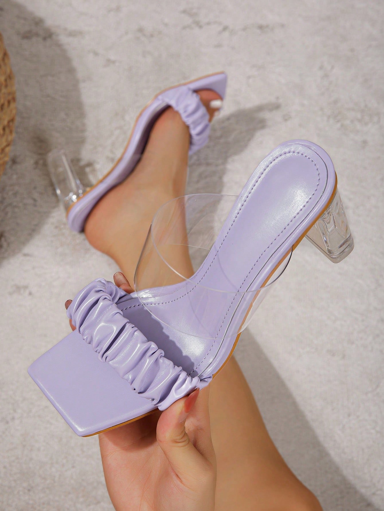 Elegant Lavender Ruched PVC Crystal Chunky Heeled Mule Sandals