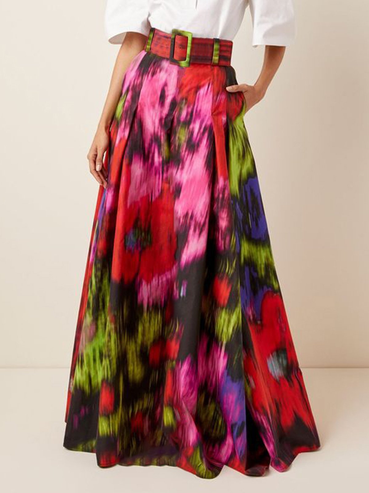 Loose Elegant Floral Pattern Skirt With Belt