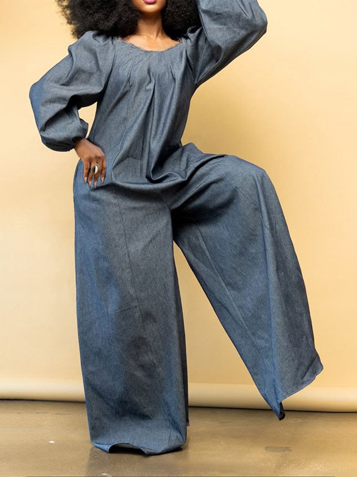 Urban Plain Crew Neck Denim Jumpsuit stylewe