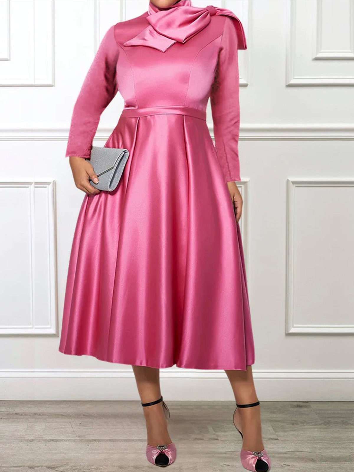 Plain Elegant Regular Fit Stand Collar Long Sleeve Dress With No Belt