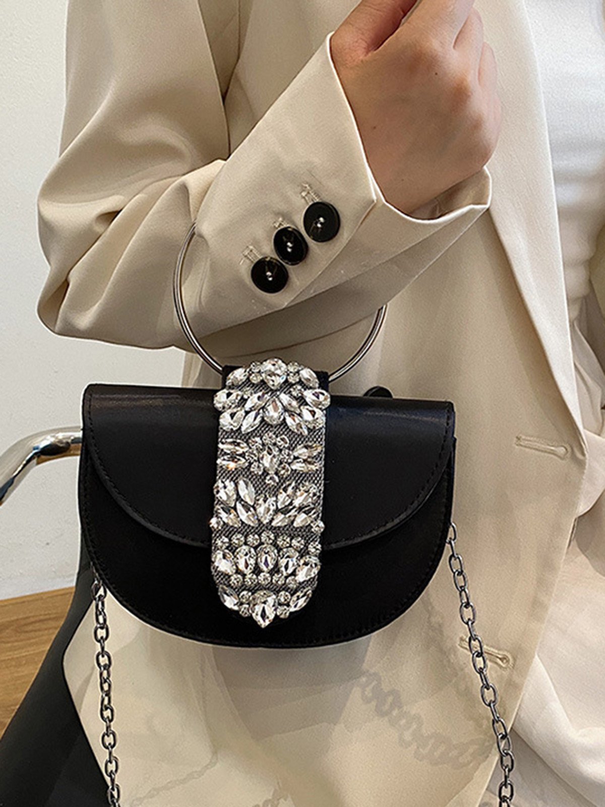 Sparkling Rhinestone Party Satin Clutch Bag Metal Ring Handbag with Chain Strap