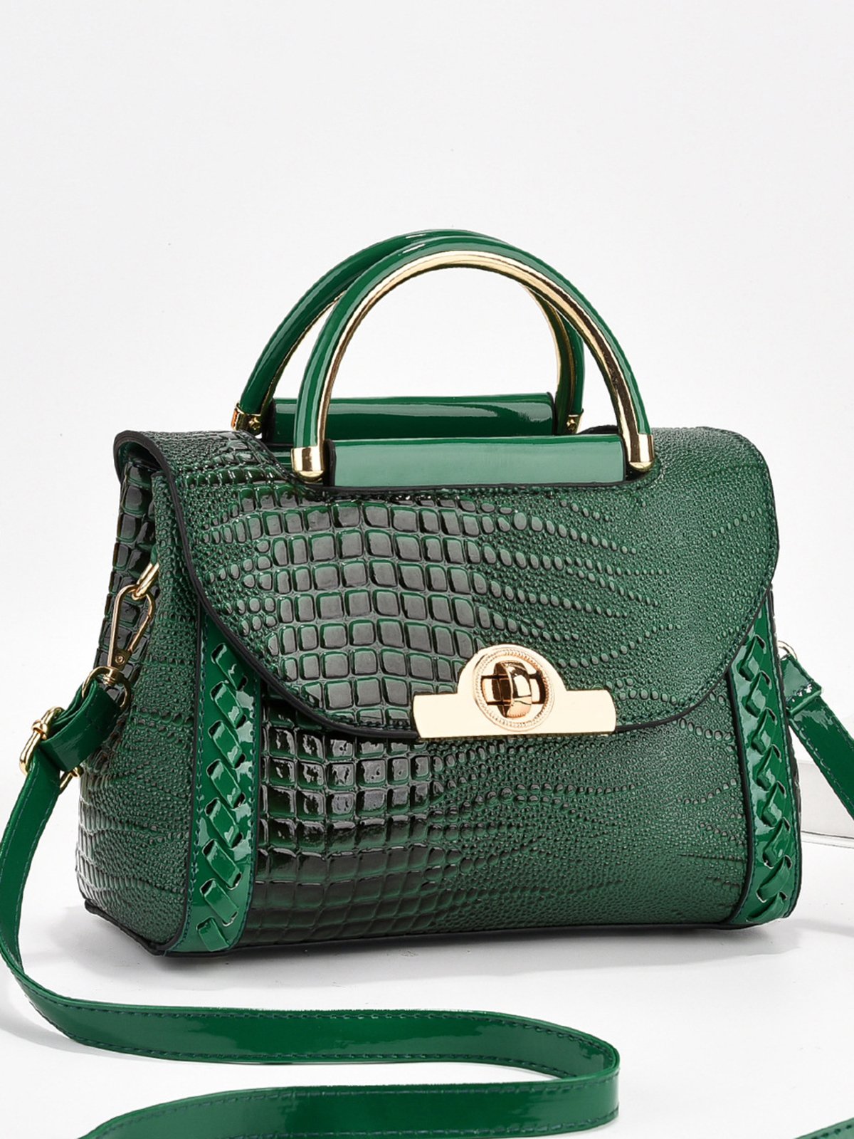 Crocodile Embossed Square Handbag Twist Lock Shoulder Bag