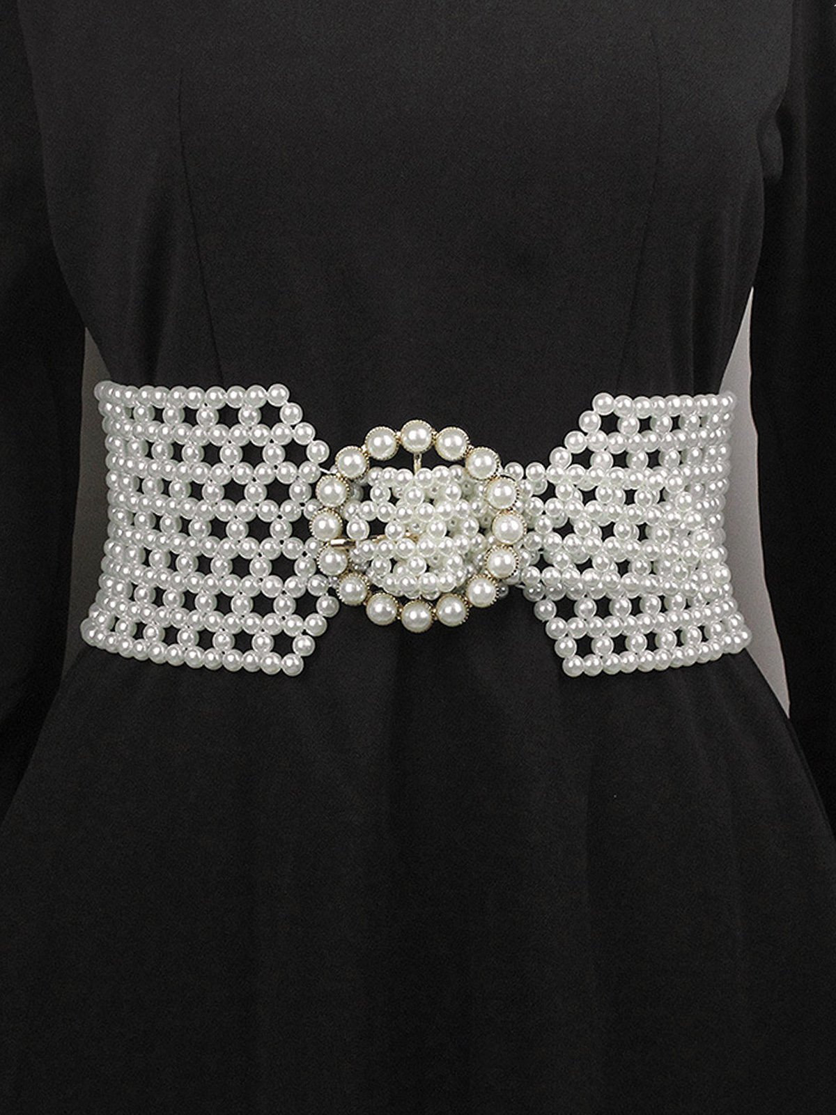Elegant Braided Imitation Pearls Wide Belt Dress Decorative Hollow Out Waist Belt