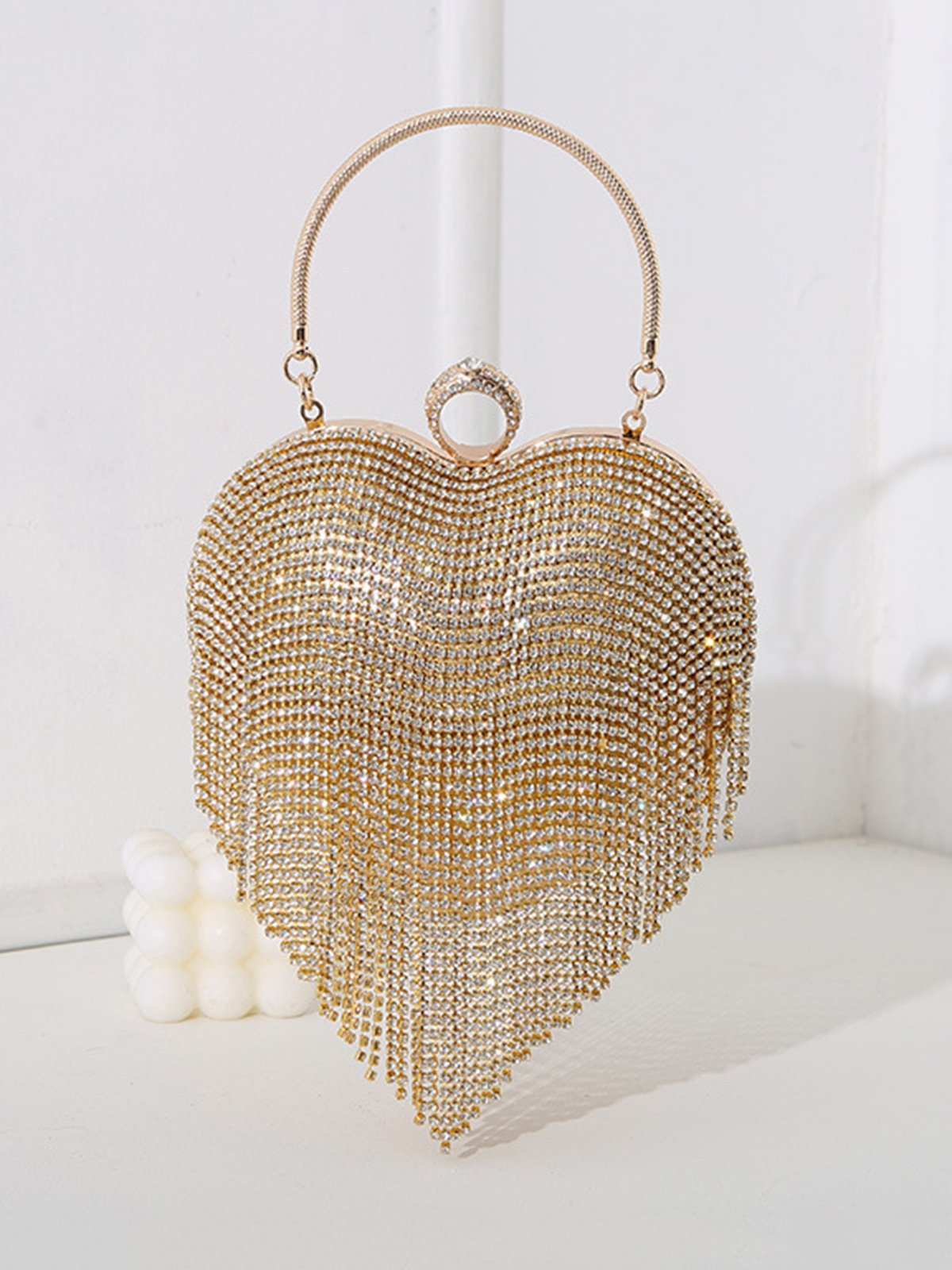 Valentine's Day Heart Shape Rhinestone Fringe Handbag Party Clutch Bag with Crossbody Chain