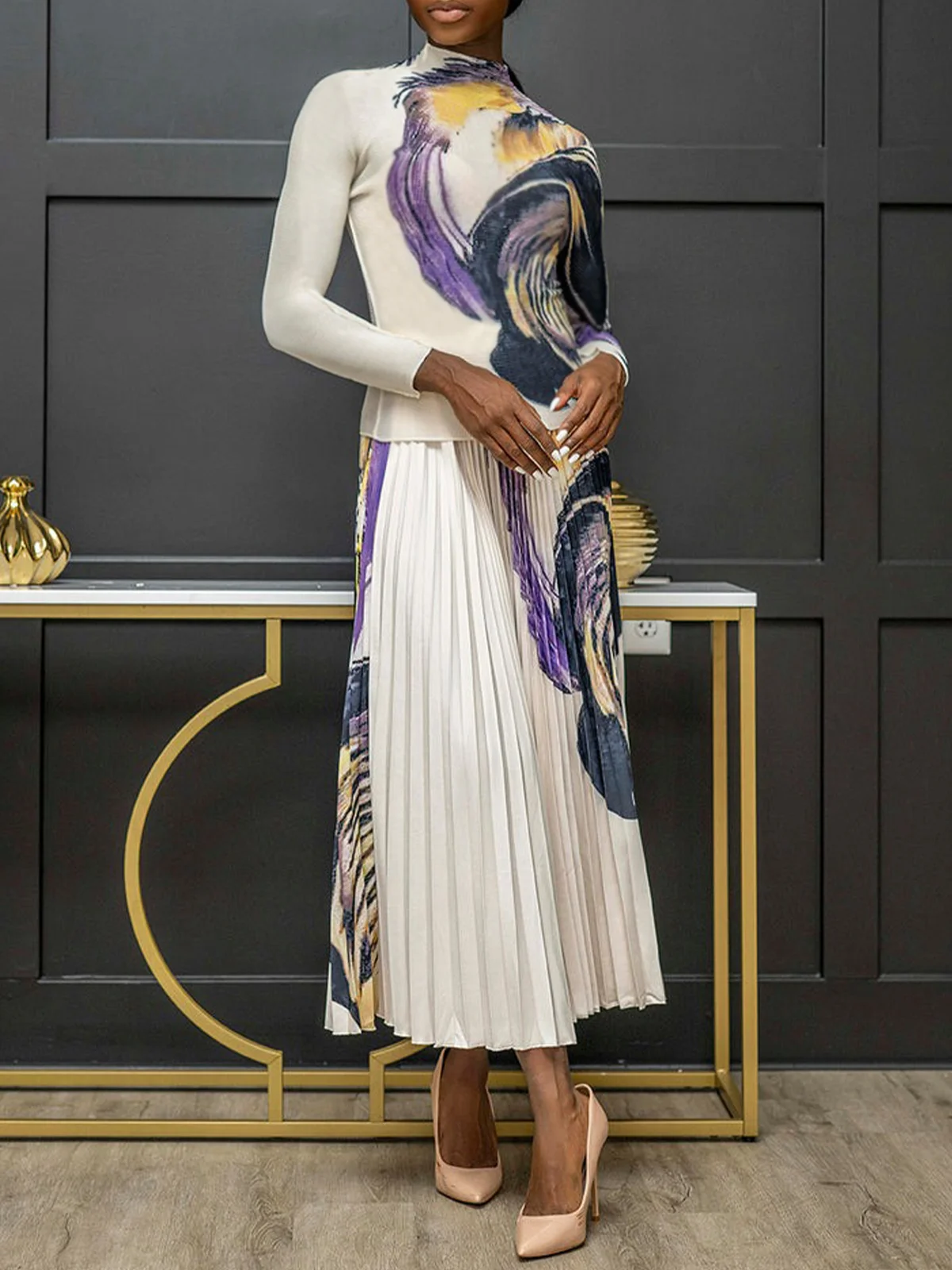 Daily Abstract Casual Stand Collar Long Sleeve T-Shirt