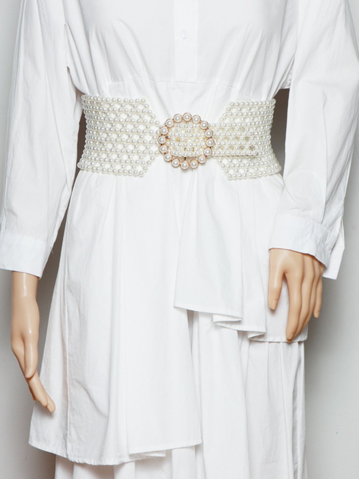 Elegant Braided Imitation Pearls Wide Belt Dress Decorative Hollow Out