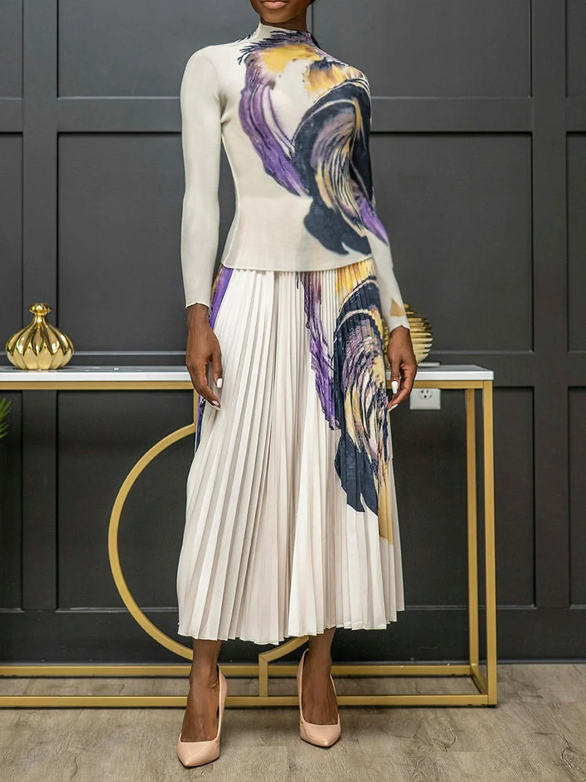 Daily Abstract Casual Stand Collar Long Sleeve T-Shirt